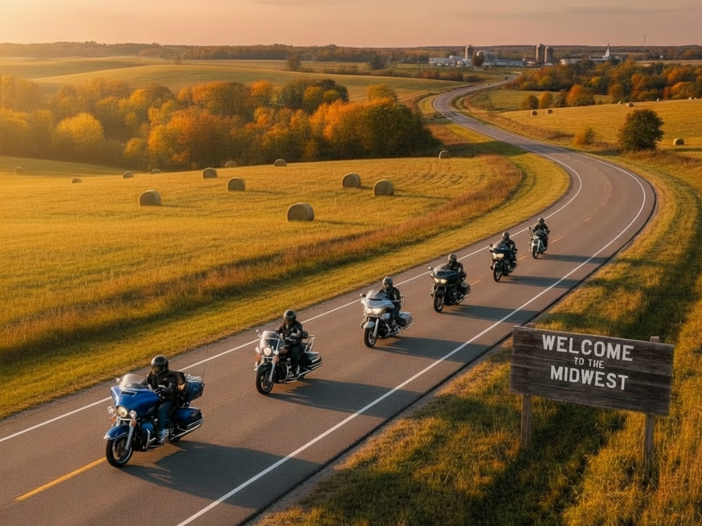 Six motorcyclists riding on a winding countryside road during golden hour.