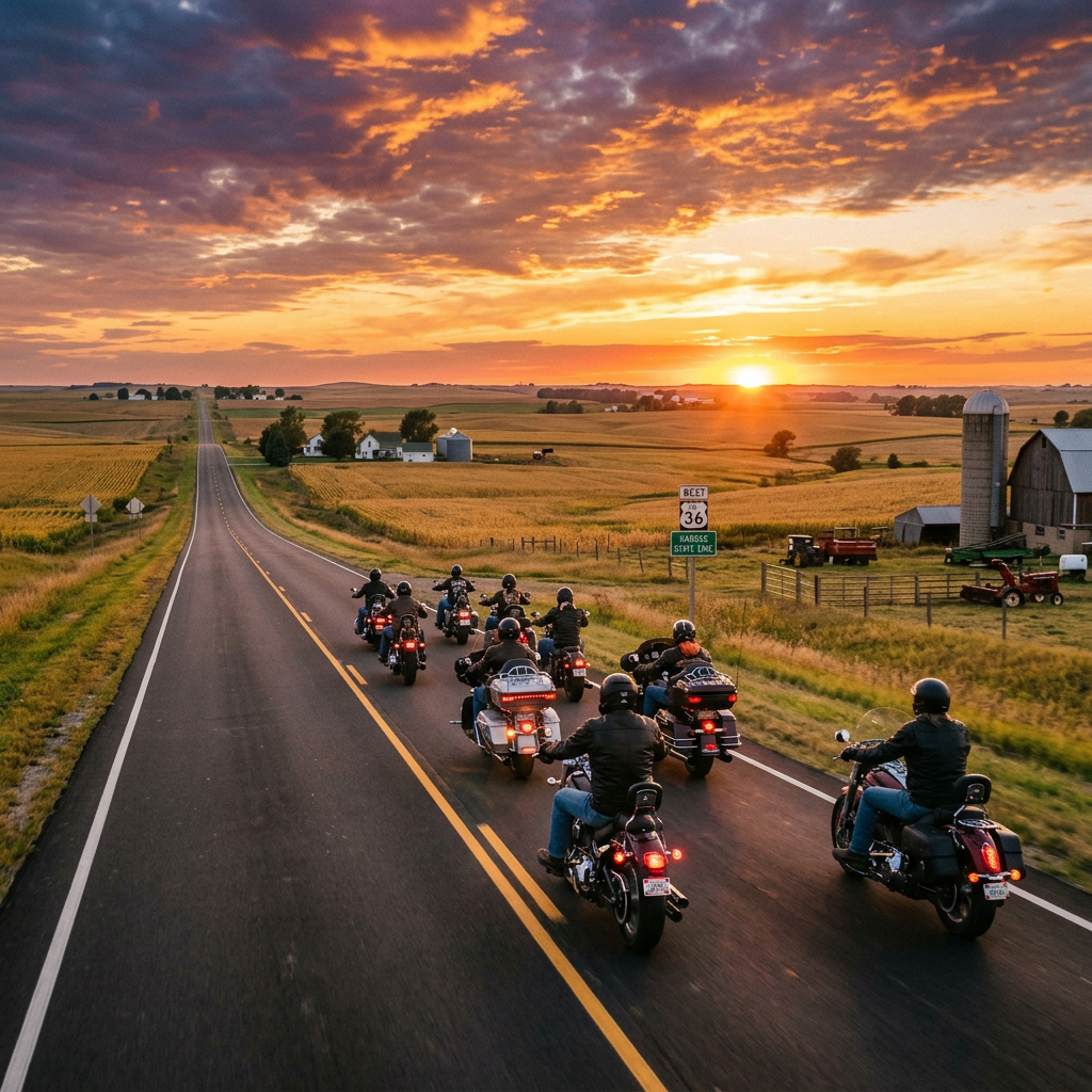 Nine motorcyclists riding on a country road with a sunset in the background