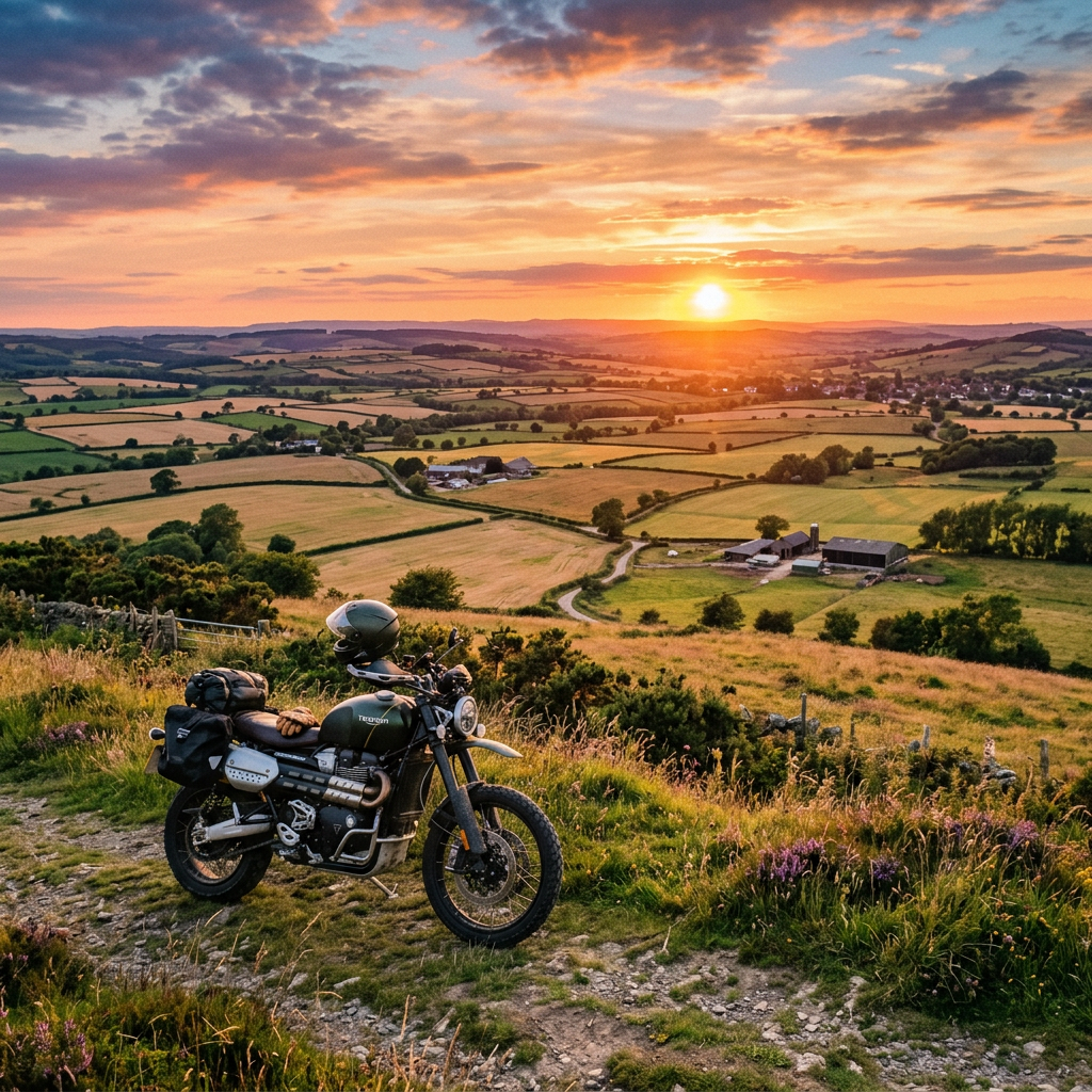 Motorcycle on grassy hill with sunset over rural fields and farm buildings